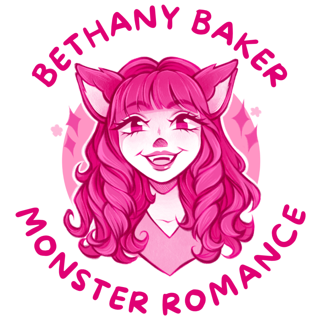 An illustrated author image in monochrome magenta. Bethany is white and has bangs, long curly hair, big cat ears, a button nose, and a wide toothy grin. The text reads: Bethany Baker: Monster Romance