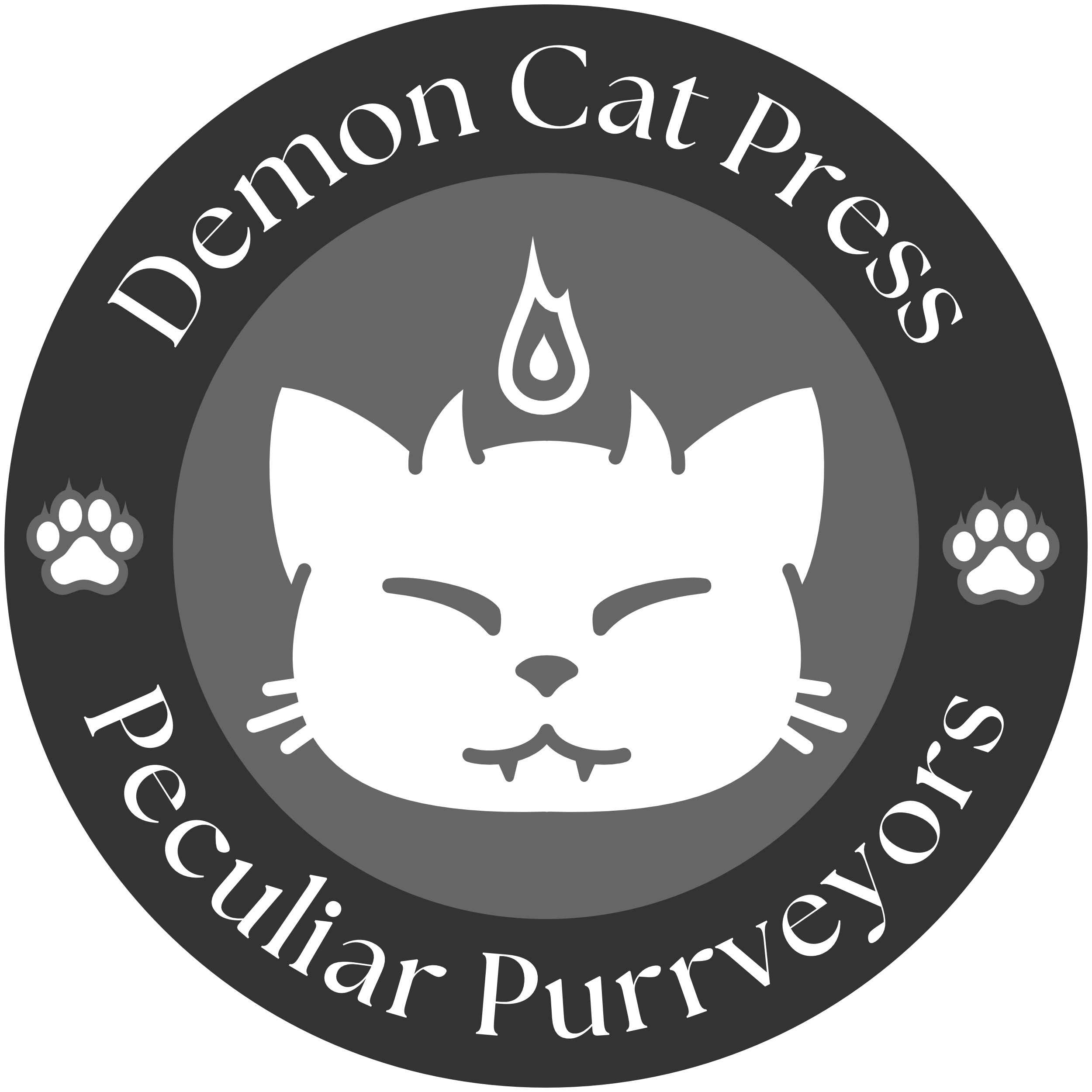 Demon Cat Press logo. In the center is a simple icon of a smiling cat face with demon horns and a flame over its head. A dark circle around it reads "Demon Cat Press, Peculiar Purrveyors"